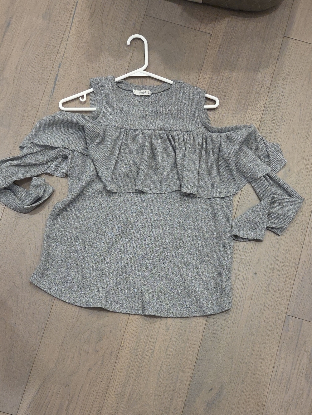 Mango Gray Off-Shoulder Ruffle Knit Sweater